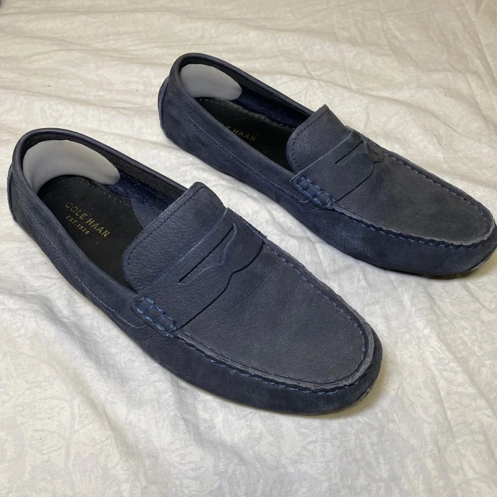 Cole Haan GrandØS Navy Nubuck Penny Loafers Driving Shoes Men's Size 8B